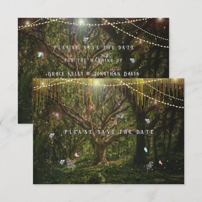 Enchanted Forest Butterflies Gold Lights Save The Date (Front/Back)