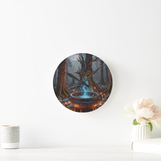 Enchanted Forest Cauldron Under the Moonlight Round Clock (Home)