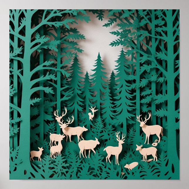 Enchanted Forest Deer – Paper Cut Art Woodland Poster (Front)
