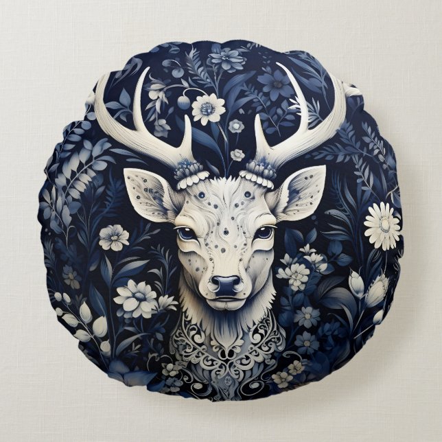 Enchanted Forest Deer Winter Bloom Round Pillow (Front)