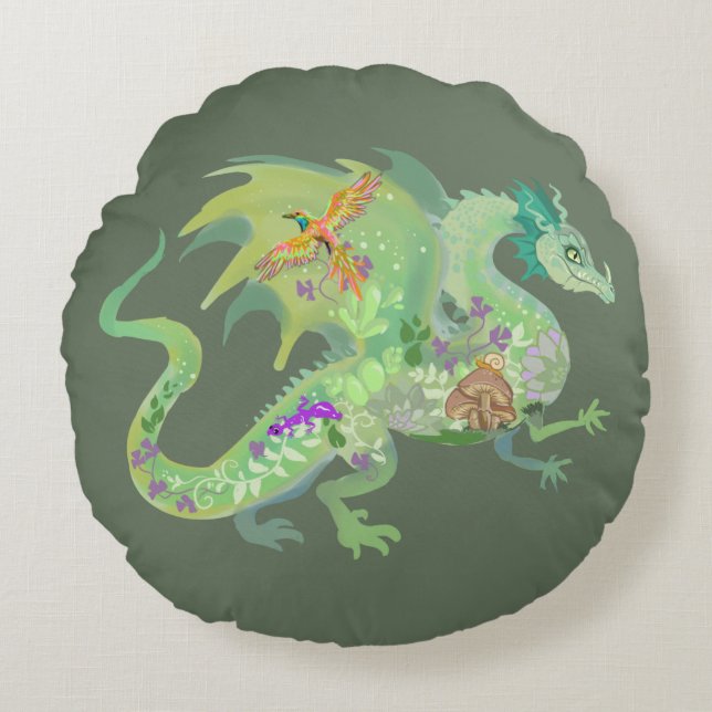 Enchanted Forest Dragon Pattern Round Pillow (Front)