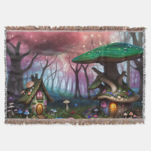 Enchanted Forest Dreamscape Mushroom Fantasy Fairy Throw Blanket
