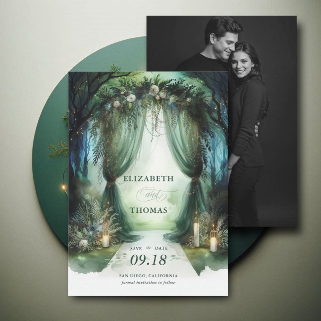 Enchanted Forest Dreamy Moody Canopy Photo Wedding Save The Date (enchanted forest woodland wedding save the date arch canopy calligraphy fairy tale magic moody dark)