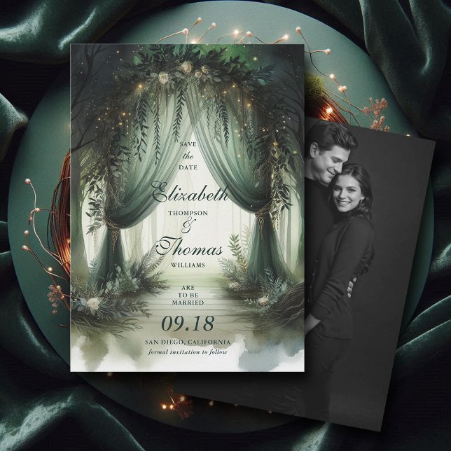 Enchanted Forest Elegant Moody Dream Photo Wedding Save The Date (enchanted forest woodland wedding save the date arch canopy calligraphy fairy tale elegant moody)