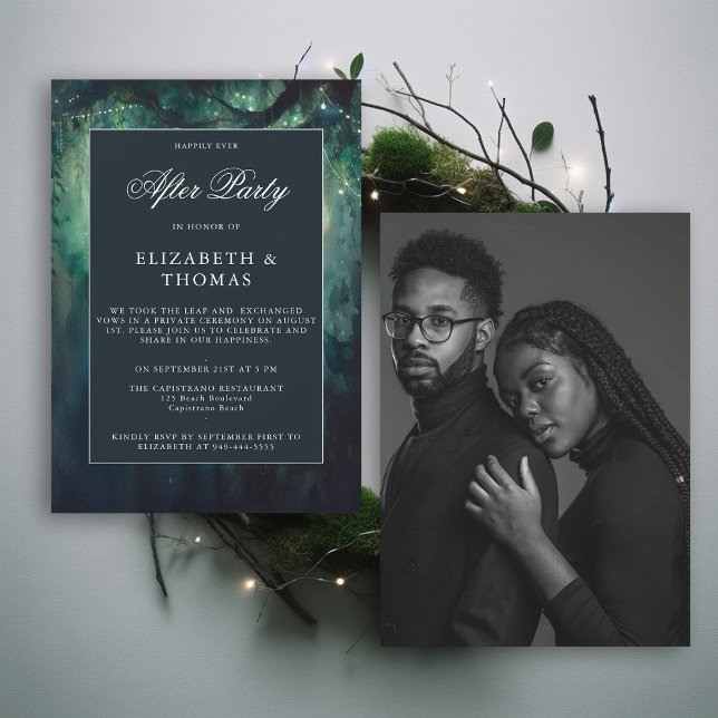 Enchanted Forest Emerald After Party Reception Invitation (reception only happily ever after party wedding invitation enchanted forest garden fairy lights chic)