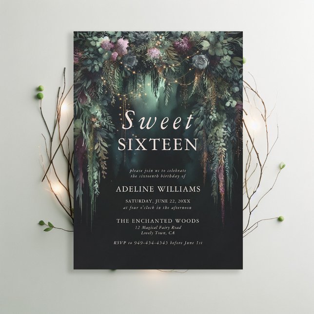 Enchanted Forest Emerald Floral Fairytale Sweet 16 Invitation (enchanted forest sweet 16 emerald green mauve purple arch woodland fairy tale faerie magic invite)