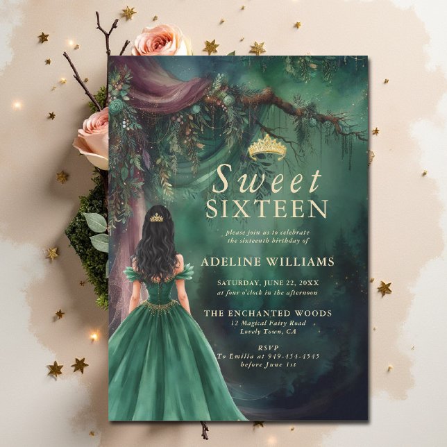 Enchanted Forest Emerald Gold Fairytale Sweet 16 Invitation (enchanted forest sweet 16 sixteen invitation emerald green gold fairytale fairy tale princess woods)