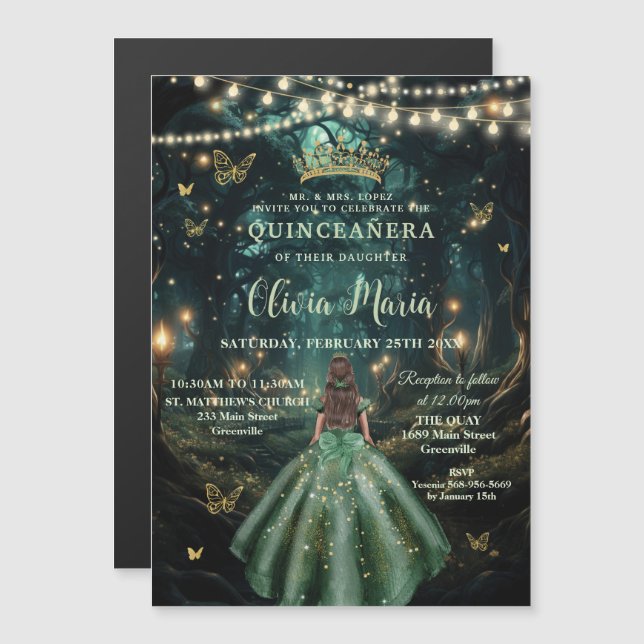 Enchanted Forest Emerald Green Dress Quinceañera Magnetic Invitation (Front/Back)