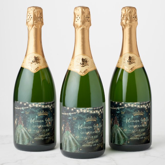 Enchanted Forest Emerald Green Dress Quinceañera Sparkling Wine Label (Bottles)