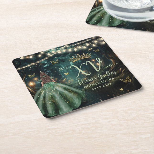 Enchanted Forest Emerald Green Dress Quinceañera Square Paper Coaster (Angled)