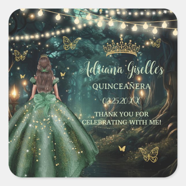 Enchanted Forest Emerald Green Dress Quinceañera Square Sticker (Front)
