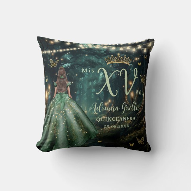 Enchanted Forest Emerald Green Quinceañera Photo Throw Pillow (Front)