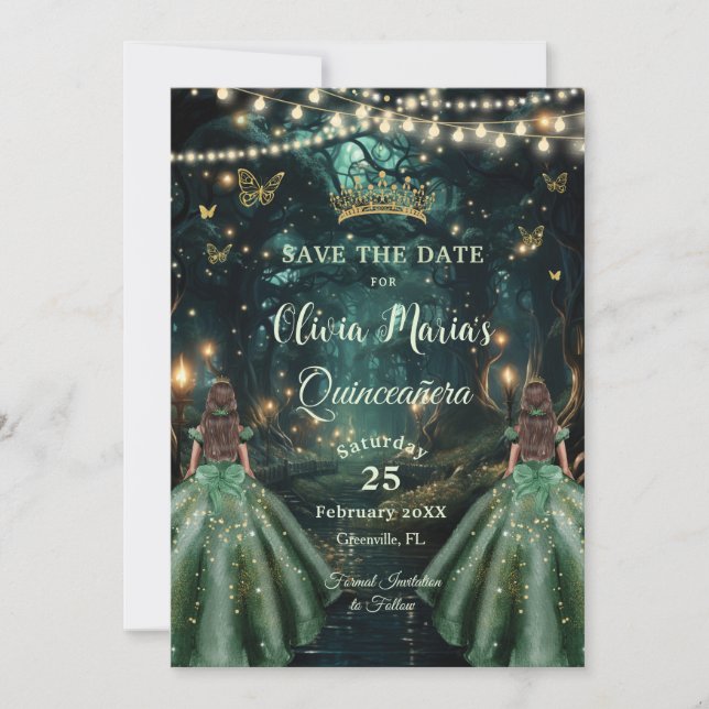 Enchanted Forest Emerald Green Twins Quinceañera Save The Date (Front)