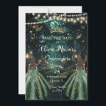 Enchanted Forest Emerald Green Twins Quinceañera Save The Date<br><div class="desc">Personalize this enchanting Quinceañera / Sweet 16 twins birthday save the date easily and quickly. Simply click the Edit Using Design Tools button to further edit the text, change font styles and font colours. Featuring two girls dressed in emerald green dresses and an enchanted forest background. The butterflies, quince girls...</div>