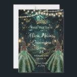 Enchanted Forest Emerald Green Twins Quinceañera Save The Date<br><div class="desc">Personalize this enchanting Quinceañera / Sweet 16 twins birthday save the date easily and quickly. Simply click the Edit Using Design Tools button to further edit the text, change font styles and font colours. Featuring two girls dressed in emerald green dresses and an enchanted forest background. The butterflies, quince girls...</div>