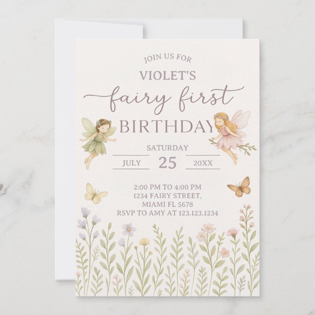Enchanted Forest Fairy 1st Birthday Invitation (Front)