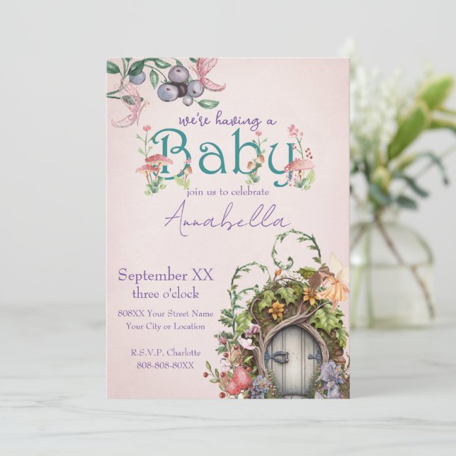 Enchanted Forest Fairy Garden Door on Pink Invitation (Standing Front)