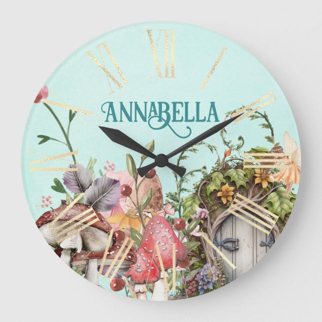 Enchanted Forest Fairy Garden Door on Teal Large Clock (Front)