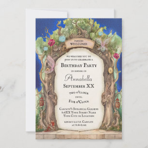 Enchanted Forest Fairy Garden on Blue Night Sky Invitation