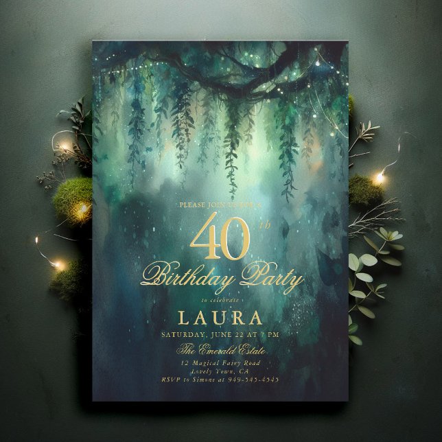 Enchanted Forest Fairy Gold Greenery 40th Birthday Invitation (40th birthday invite for women enchanted forest garden greenery foliage emerald gold woodland fairy)