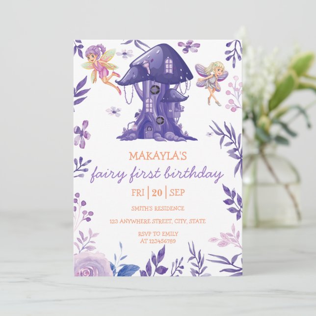Enchanted Forest Fairy mauve Floral Girl Birthday Invitation (Standing Front)