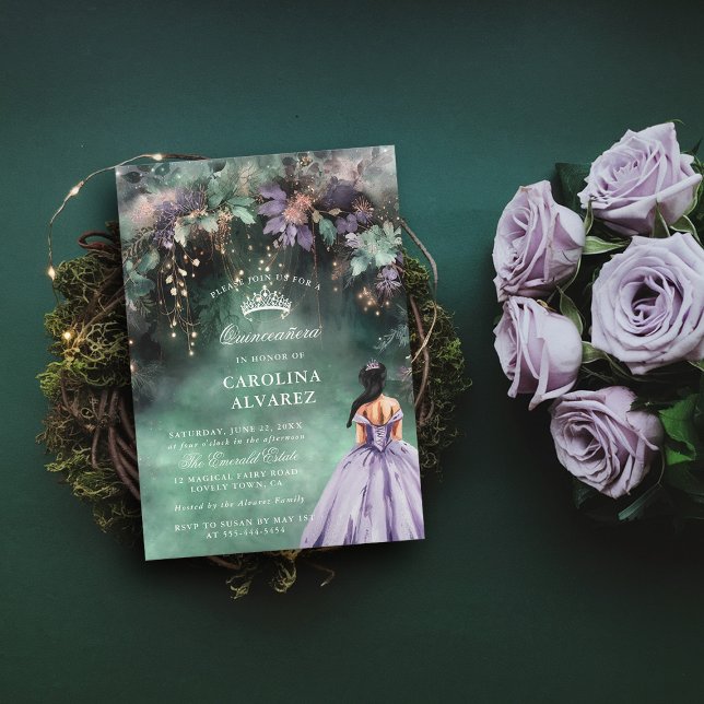 Enchanted Forest Faux Gold Lavender Quinceanera Invitation (quince invitation quinceanera emerald green lavender enchanted forest magical fairy tale)