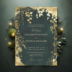 Enchanted Forest Foliage Frame Gold Green Wedding Invitation