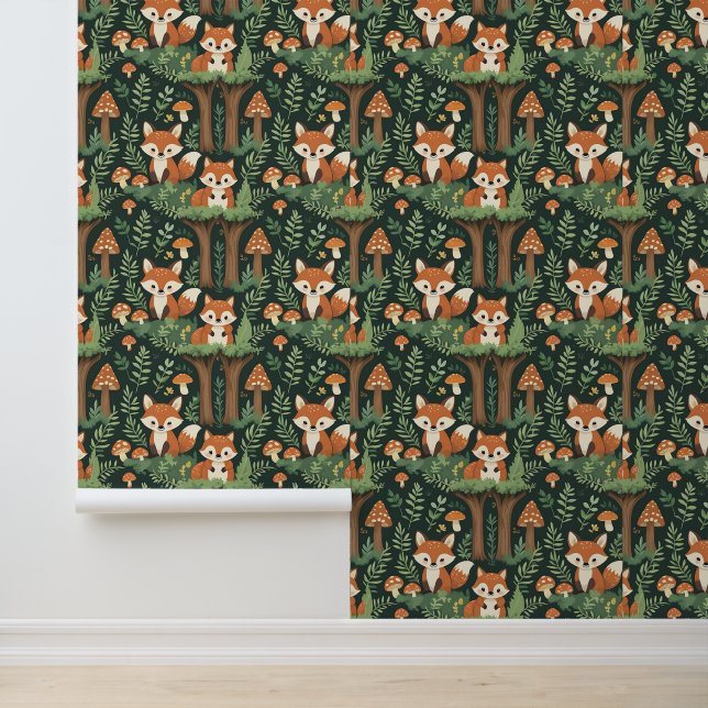 Enchanted Forest Foxes & Mushrooms Peel and Stick Wallpaper (Application)
