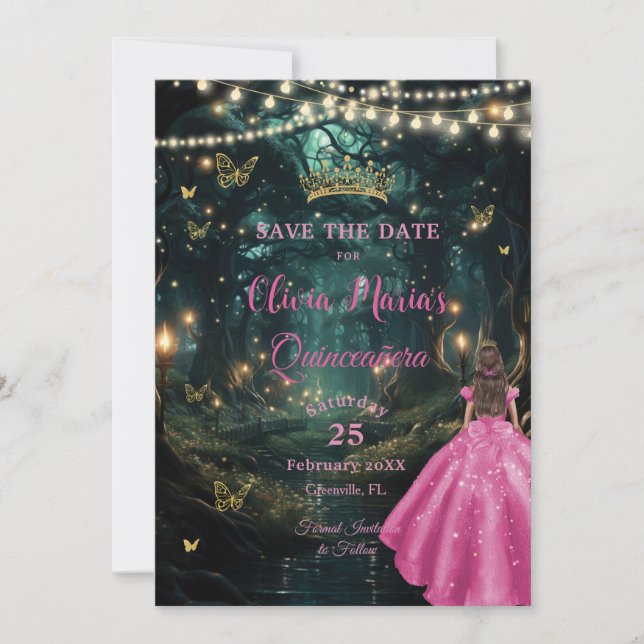 Enchanted Forest Fuchsia Pink Dress Quinceañera 16 Save The Date (Front)