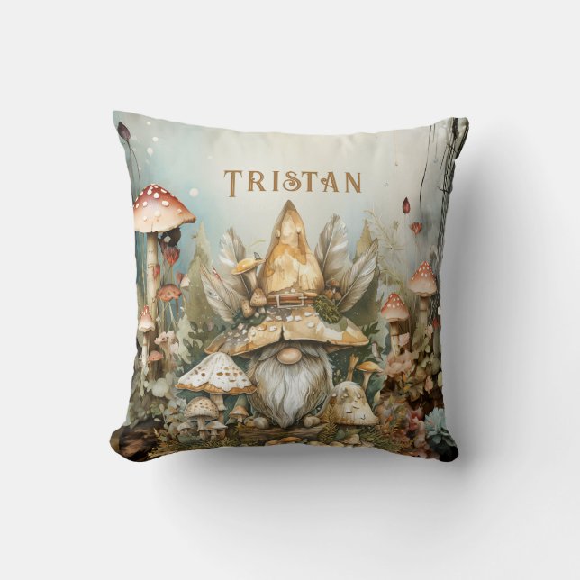 Enchanted Forest Gnome Custom Name Throw Pillow (Front)