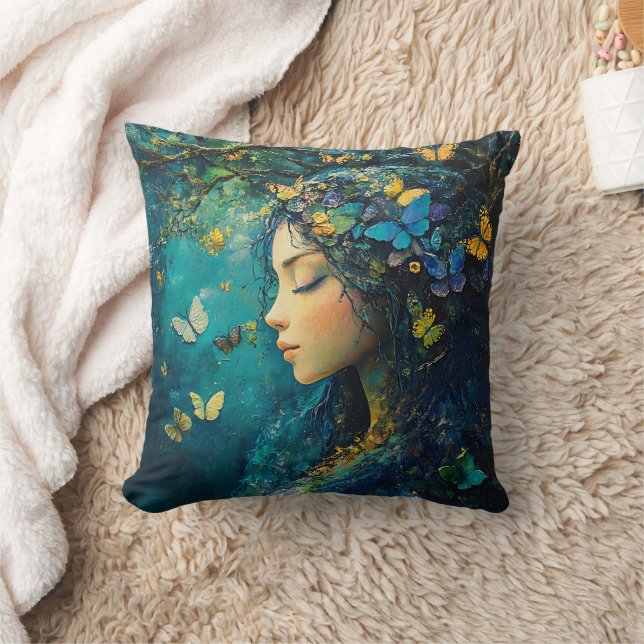 Enchanted Forest Goddess with Butterflies (1) Throw Pillow (Blanket)