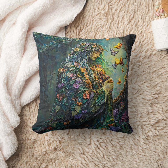Enchanted Forest Goddess with Butterflies (3) Throw Pillow (Blanket)