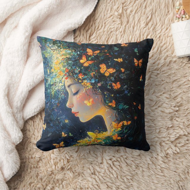 Enchanted Forest Goddess with Butterflies (5) Throw Pillow (Blanket)