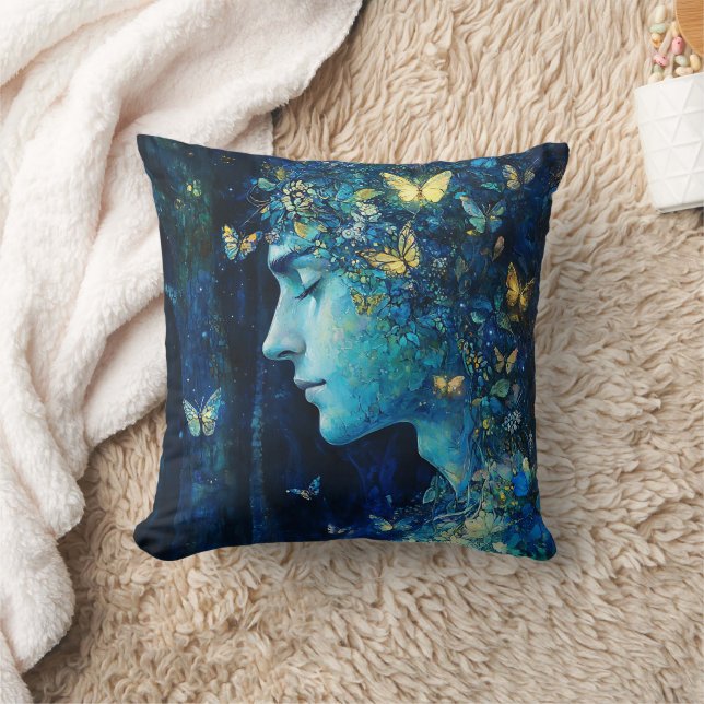 Enchanted Forest Goddess with Butterflies (7) Throw Pillow (Blanket)