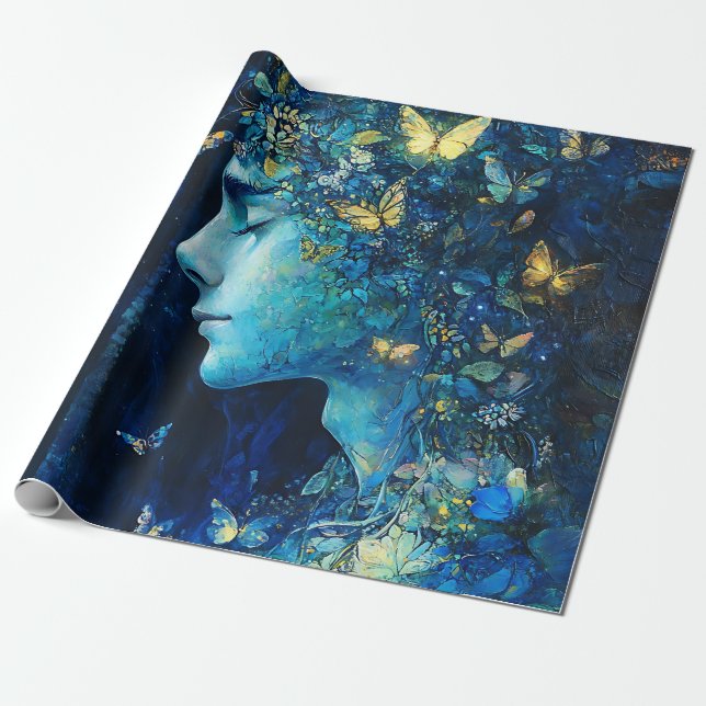 Enchanted Forest Goddess with Butterflies (7) Wrapping Paper (Unrolled)