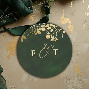 Enchanted Forest Gold Foliage Hunter Green Wedding Classic Round Sticker