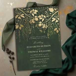 Enchanted Forest Gold Foliage Hunter Green Wedding Invitation