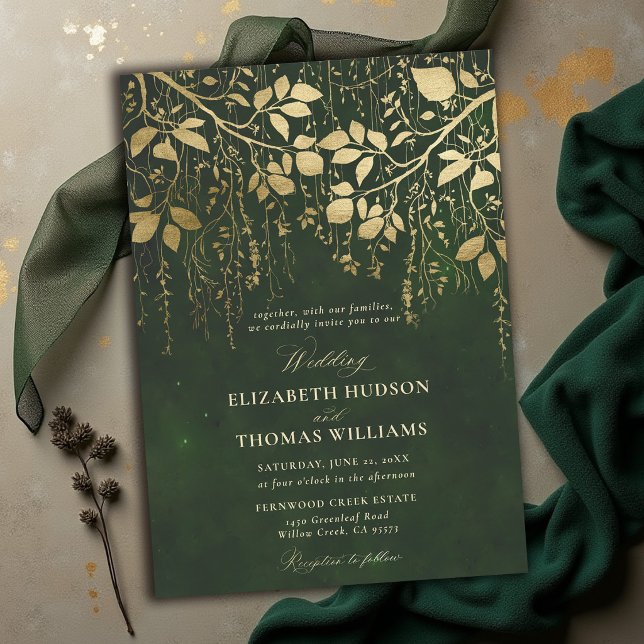 Enchanted Forest Gold Foliage Hunter Green Wedding Invitation (enchanted forest wedding invitations hunter green gold foliage elegant modern classic)