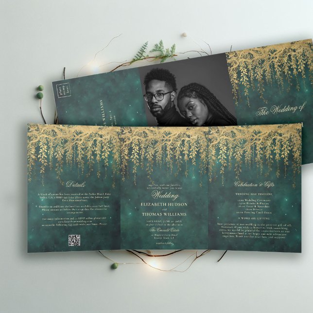Enchanted Forest Gold Greenery Emerald Twinkle Tri-Fold Invitation (enchanted forest wedding invitation all in one trifold gold greenery emerald green fairy lights chic)