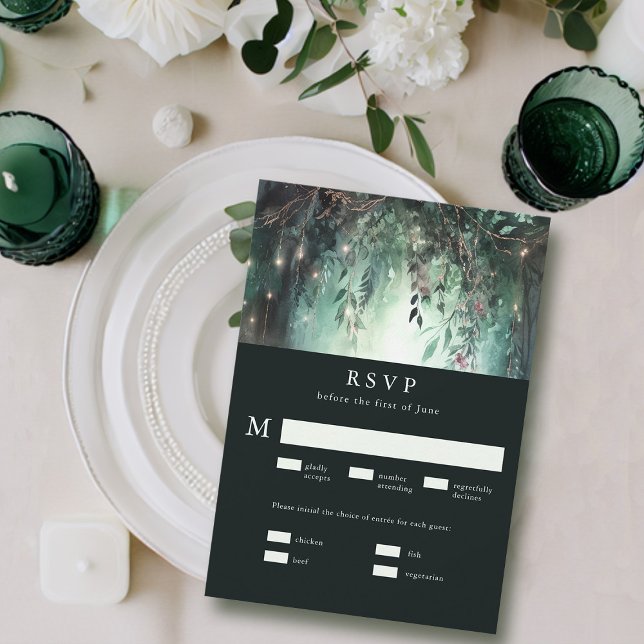 Enchanted Forest Gold Vine Meal Wedding RSVP Card (enchanted forest rsvp card meal choice modern elegant romantic watercolor gold vines emerald mauve)