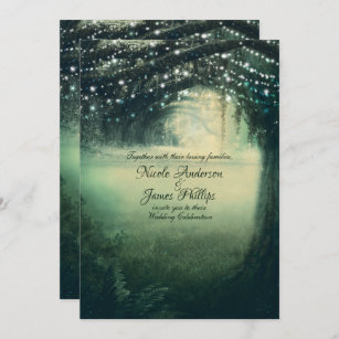 Enchanted Forest Green Blue Lights Rustic Wedding Invitation