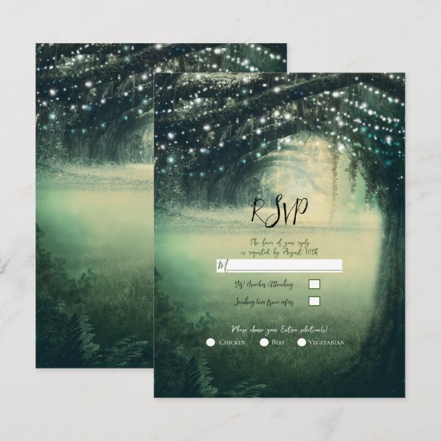 Enchanted Forest Green Blue Lights Wedding RSVP  Invitation (Front/Back)