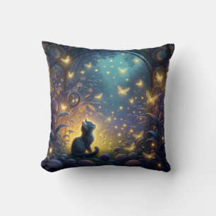 Enchanted Forest Kitten Fantasy Illustration Throw Pillow