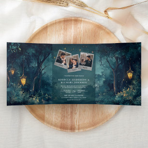Enchanted Forest Lanterns Photo QR Code Wedding Tri-Fold Invitation