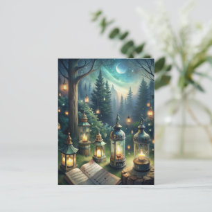 Enchanted Forest Lanterns Under Moonlight Postcard