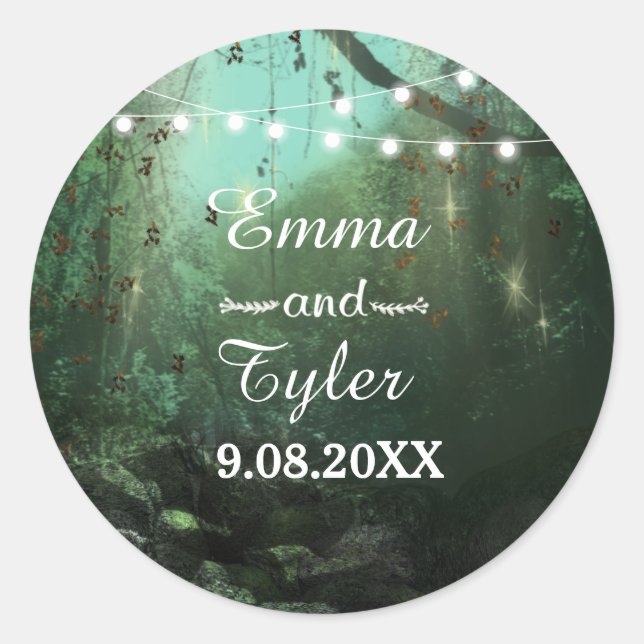 Enchanted Forest Lights Rustic Save the Date Classic Round Sticker (Front)
