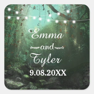Enchanted Forest Lights Rustic Save the Date Square Sticker