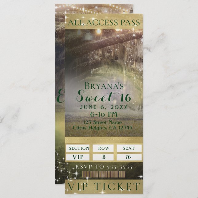 Enchanted Forest Lights VIP Sweet 16 Party Ticket Invitation (Front/Back)