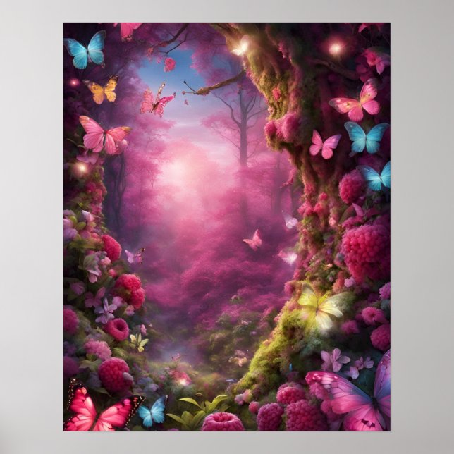 Enchanted Forest Magic FUSHIA butterflies flowers Poster (Front)