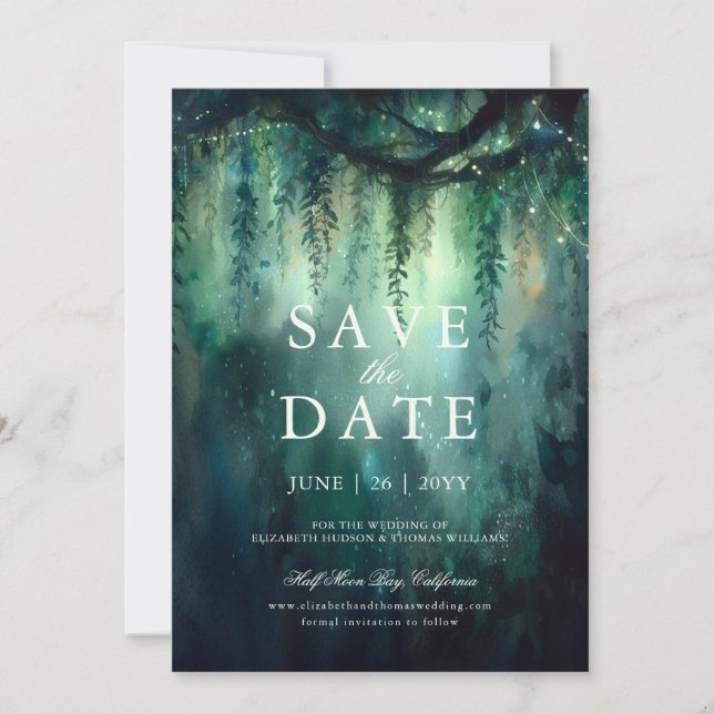 Enchanted Forest Magic Green Wedding Save the Date Invitation (Front)